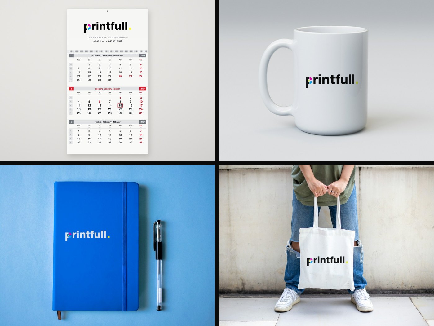Printfull logo na trodijelnom kalendaru, šalici, notesu i platnenoj torbi