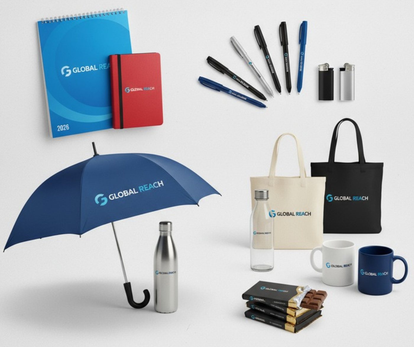 Promotivni materijali s logom tvrtke: kalendar, rokovnik, kemijske olovke, kišobran, torbe, šalice i čokoladice